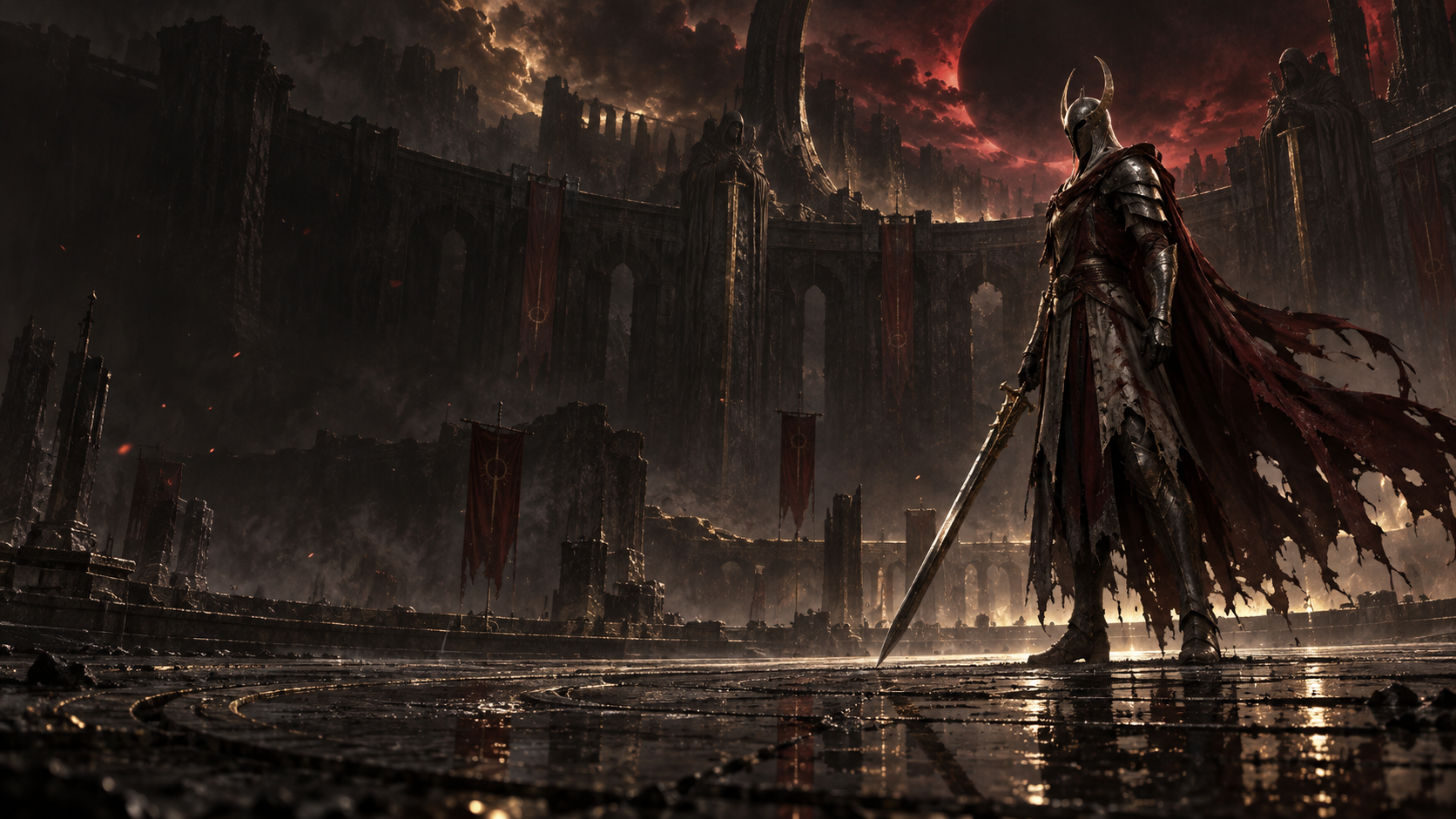 Original concept art of a rival warrior waiting in a ruined arena