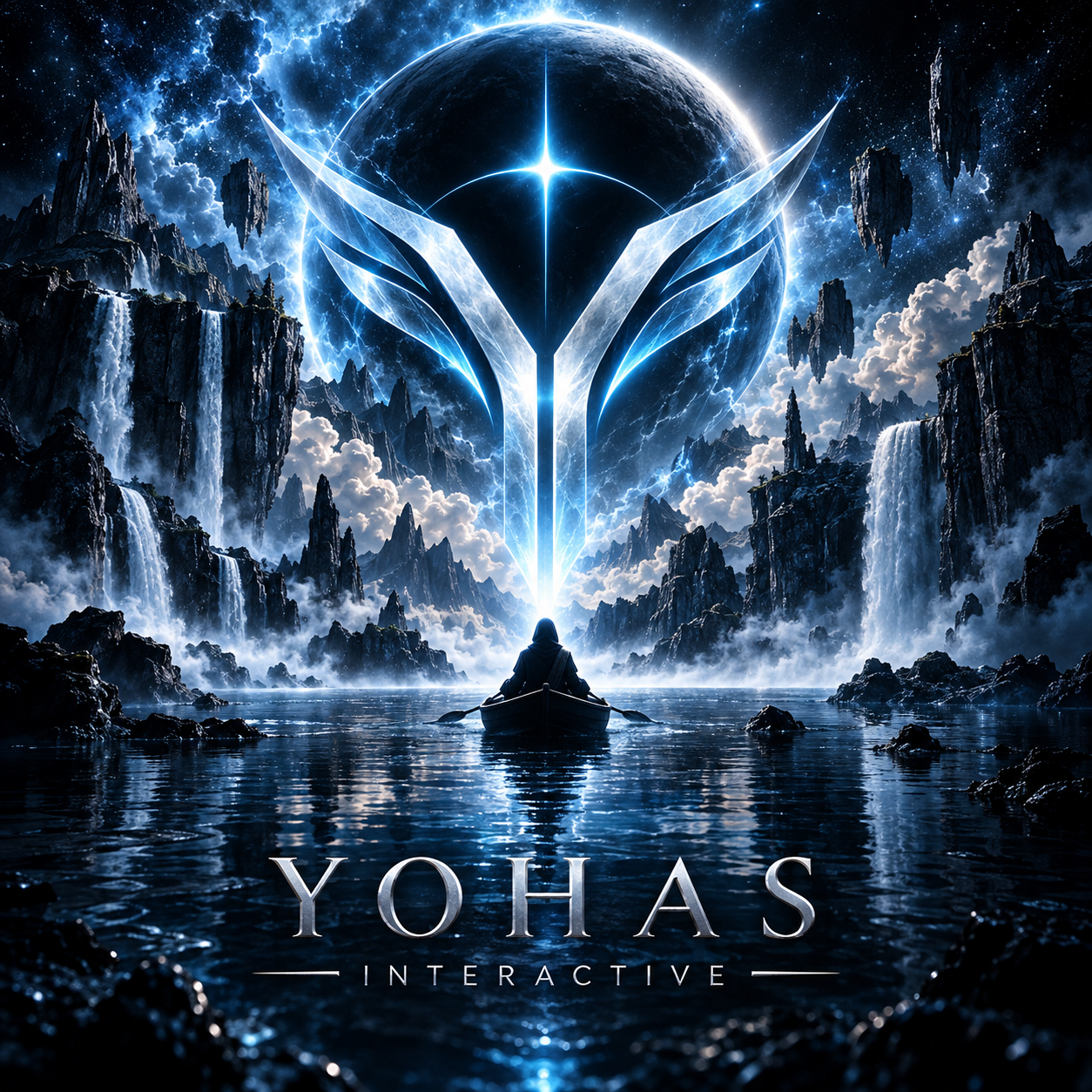 Yohas Interactive silver Y emblem above a moonlit waterscape