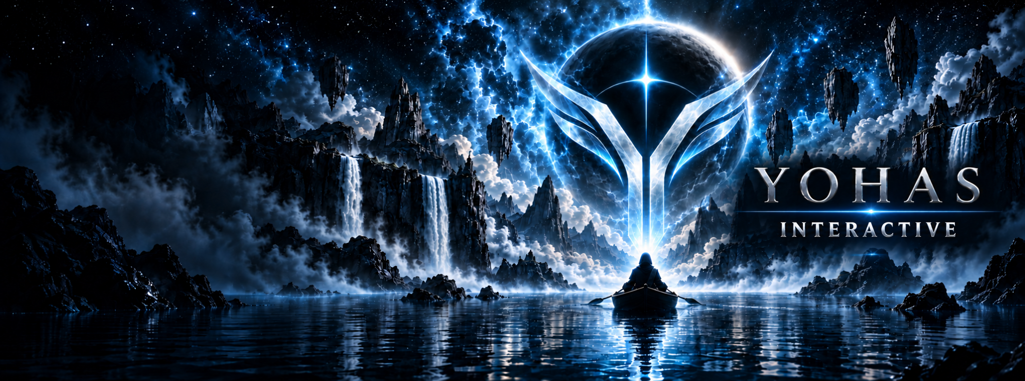 Silver Yohas Interactive emblem over a moonlit world of mountains, waterfalls and water, with a lone traveler in a boat